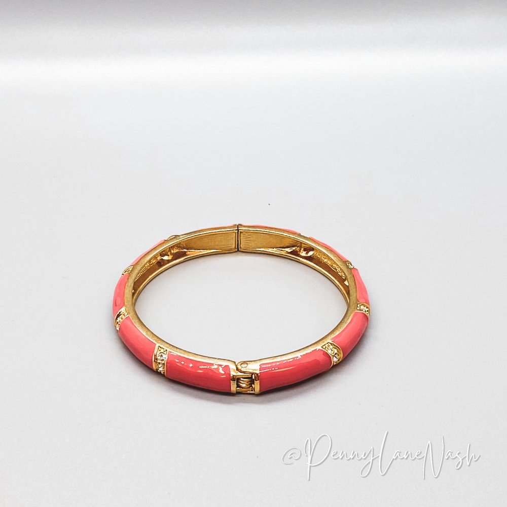 Vintage Pink With Gold Stripes Enamel Bangle Bracelet - Picture 5 of 5